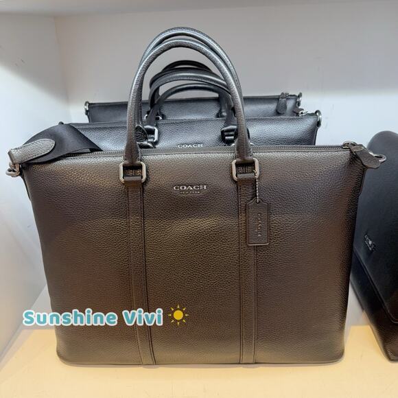 NWT Pebble Leather COACH Caleb Work Bag Gunmetal/Black CY769 - Picture 1 of 9